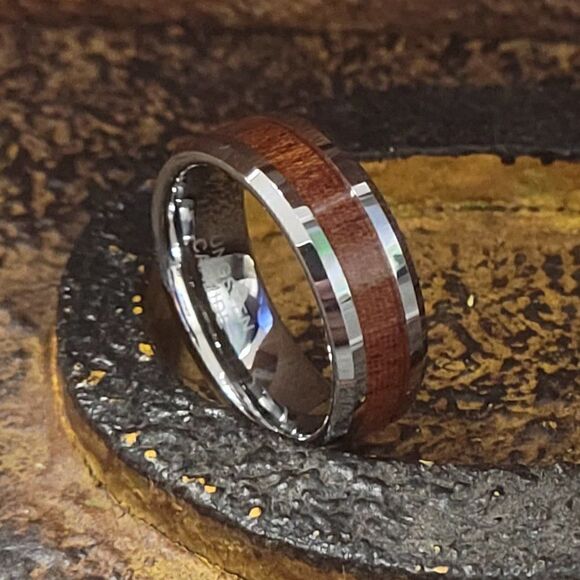 Men's Real Silver Tungsten Wedding Ring Whiskey Barrel Wood Inlay - Picture 8 of 10